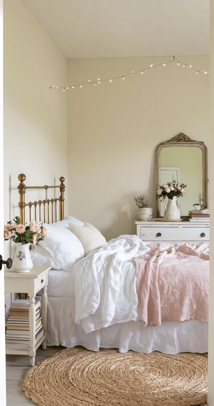 Creating Your Perfect Cozy Cottage Bedroom: The Ultimate Guide to Warm, Welcoming Bedroom Bliss Cozy cottage bedroom with cream walls, vintage brass bed, rumpled white sheets, and blush pink coverlet; distressed white dresser with garden roses, fairy lights around an antique mirror, and a braided jute rug; soft diffused lighting enhances the welcoming atmosphere.