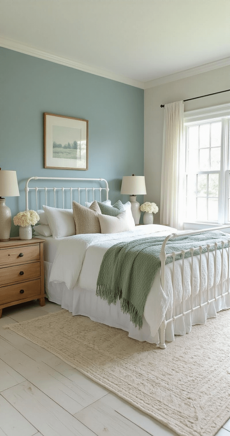Creating Your Perfect Cozy Cottage Bedroom: The Ultimate Guide to Warm, Welcoming Bedroom Bliss Cottage bedroom featuring a muted dusty blue accent wall, a white iron bed with ivory sheets and sage green throw blanket, natural wood nightstands with ceramic lamps, and dried hydrangeas in mason jars, all set against whitewashed wood floors and a cream area rug, captured from a corner angle to showcase color harmony and serene elegance.