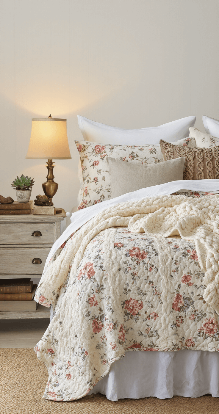 Creating Your Perfect Cozy Cottage Bedroom: The Ultimate Guide to Warm, Welcoming Bedroom Bliss Layered queen bed adorned with white cotton sheets, a lightweight floral quilt, and a chunky cream cable-knit throw, complemented by four decorative pillows in various fabrics. A folded vintage coverlet rests at the foot, alongside a weathered oak nightstand featuring a brass lamp, a small succulent, and antique books. The intimate bedside angle captures the warm lamplight and rich textures, creating a cozy evening atmosphere.