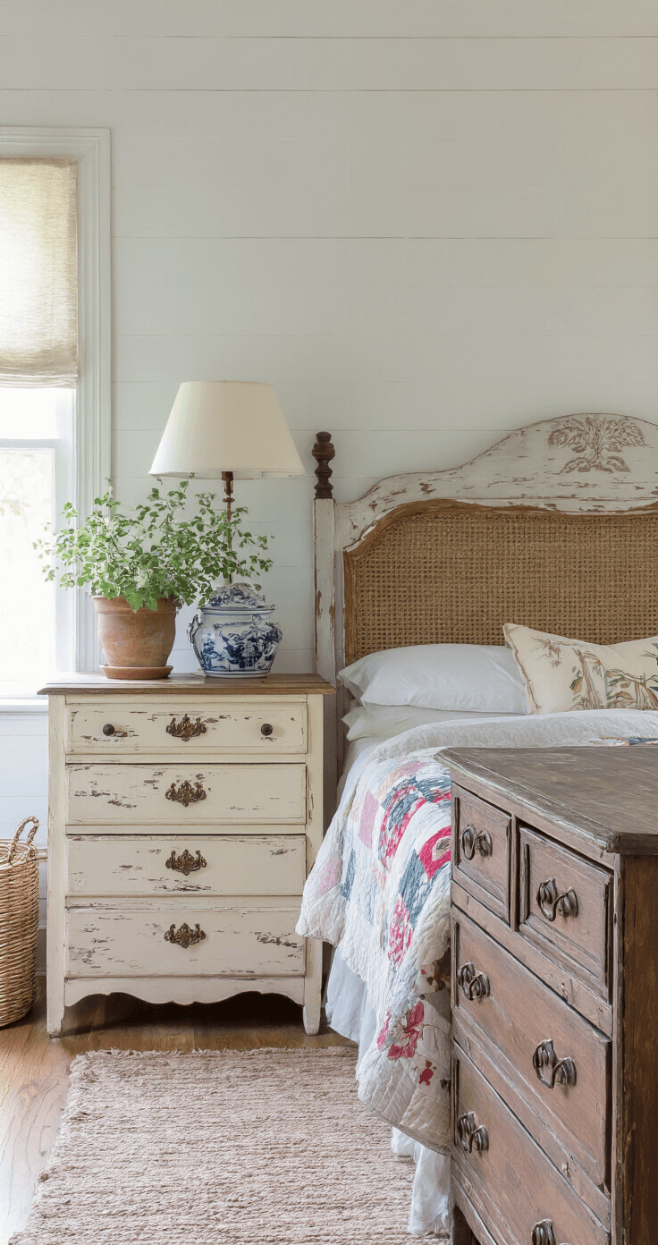 Creating Your Perfect Cozy Cottage Bedroom: The Ultimate Guide to Warm, Welcoming Bedroom Bliss A cozy cottage bedroom featuring mismatched vintage nightstands, an antique dresser with brass hardware, a distressed wood headboard, woven storage baskets, and a handmade quilt, all illuminated by natural light on white walls.