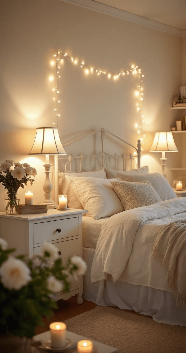 Creating Your Perfect Cozy Cottage Bedroom: The Ultimate Guide to Warm, Welcoming Bedroom Bliss A cozy cottage bedroom at dusk, featuring soft cream walls and a white iron bed with layered neutral linens. Warm light sources include bedside lamps with fabric shades, fairy lights around the window, pillar candles on the dresser, and a small accent lamp on the bookshelf. Fresh flowers catch the soft light, creating a romantic atmosphere with golden hour sunlight blending with artificial lights. The camera is low, highlighting the inviting layers of lighting.