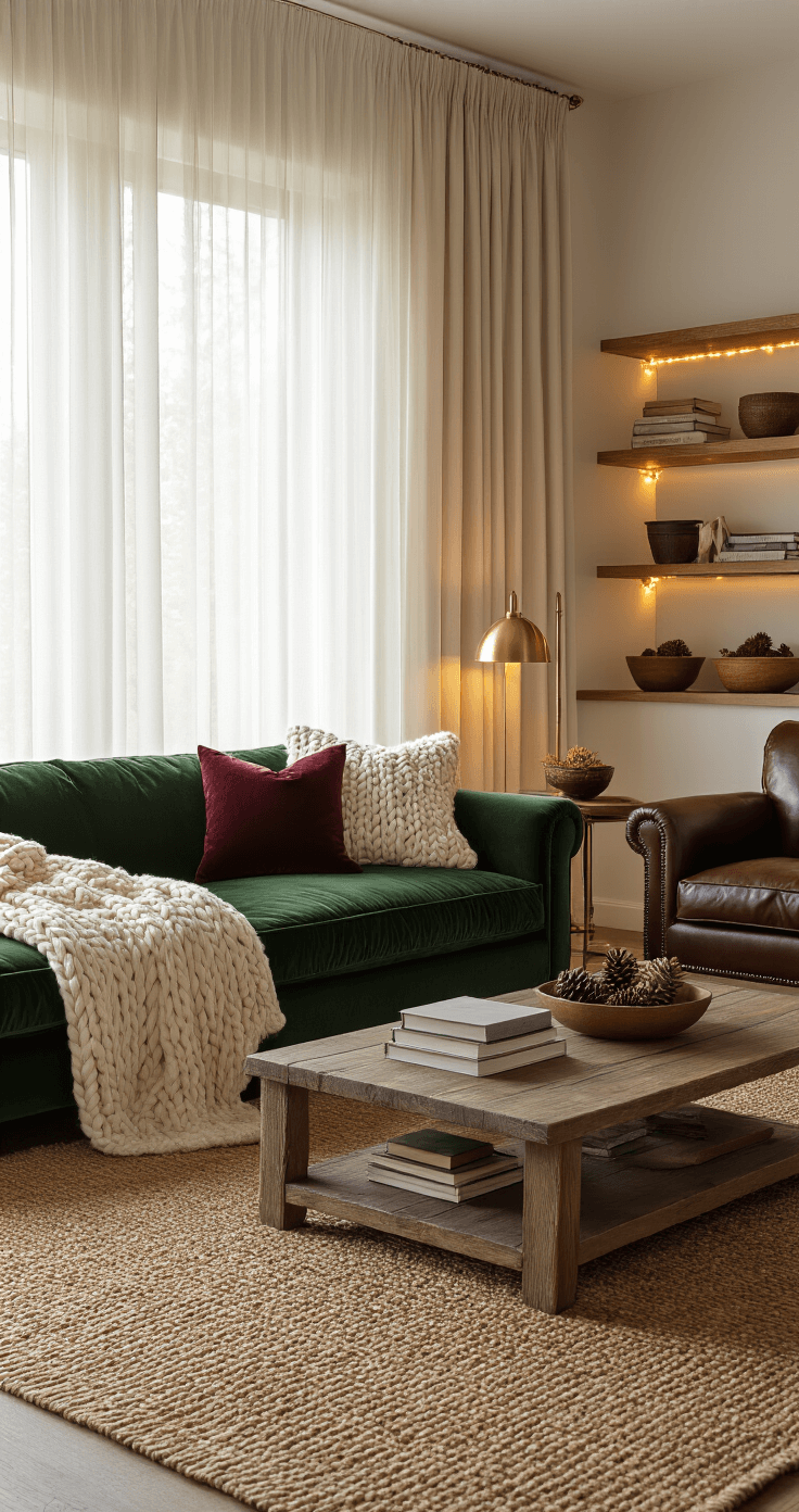Transform Your Space Into a Cozy Winter Aesthetic That Makes Everyone Want to Stay Photorealistic interior of a living room featuring a deep forest green velvet sofa with cream cable-knit throws and burgundy pillows, complemented by a rich chocolate brown leather armchair. Warm golden hour light filters through sheer curtains, casting soft shadows, while warm brass table lamps illuminate the space. A jute area rug anchors the seating area, alongside a reclaimed wood coffee table decorated with vintage books and ceramic bowls filled with pinecones. Warm LED string lights enhance the ambiance of built-in shelves, all captured at eye level with a shallow depth of field focusing on the textured throws.