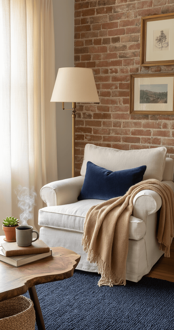 Transform Your Space Into a Cozy Winter Aesthetic That Makes Everyone Want to Stay A cozy reading nook with soft morning light filtering through gauze curtains, featuring an oversized cream linen armchair with a camel-colored cashmere throw and navy velvet pillow, an antique brass floor lamp, a live-edge walnut side table with a steaming mug, leather-bound books, and a small succulent in a terra cotta pot, all set against an exposed brick wall with a charcoal wool area rug, natural textures, and an elevated camera angle.
