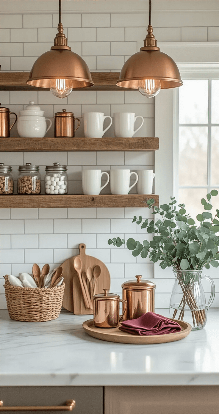 Transform Your Space Into a Cozy Winter Aesthetic That Makes Everyone Want to Stay A cozy winter kitchen vignette featuring a warm marble island illuminated by pendant lighting, with reclaimed wood shelves holding white ceramic mugs and glass jars of cocoa and marshmallows. A wooden tray displays cinnamon sticks and vintage spoons, while fresh eucalyptus sits in a glass pitcher. The scene includes a woven basket of teas and a subway tile backsplash with brass accents, all bathed in soft natural light from a window and under-cabinet LED strips.