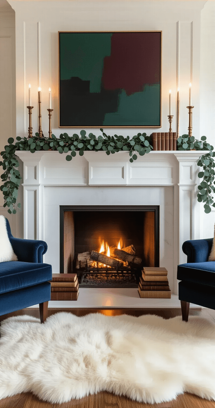 Transform Your Space Into a Cozy Winter Aesthetic That Makes Everyone Want to Stay Dramatic fireplace mantel styled with brass candlesticks and eucalyptus garland, flanked by navy velvet armchairs, against a backdrop of large abstract artwork; warm golden light from the fire illuminates the room, creating a sophisticated evening ambiance with rich winter colors and metallic accents.