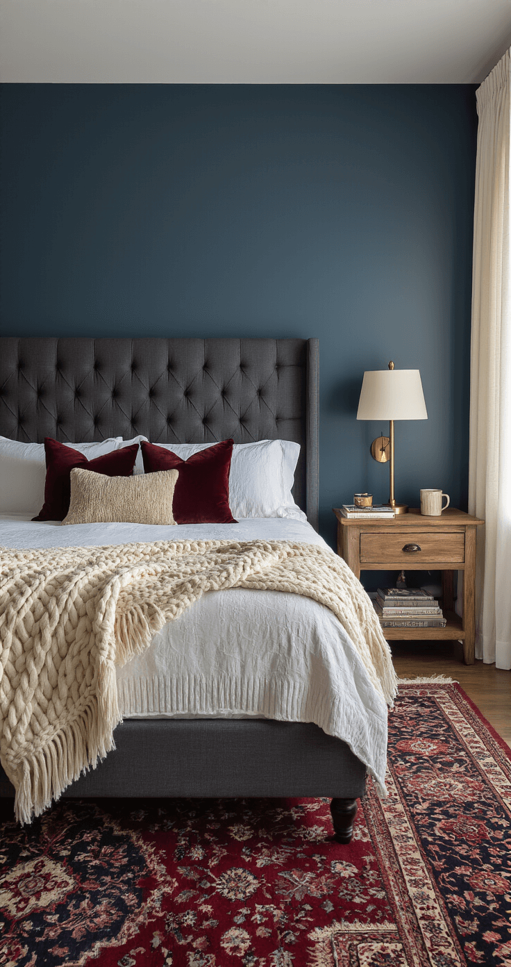 Transform Your Space Into a Cozy Winter Aesthetic That Makes Everyone Want to Stay Luxurious bedroom featuring a king bed with a tufted charcoal linen headboard, adorned with a cream cable-knit throw and burgundy velvet pillows, set against reclaimed wood nightstands with warm brass lamps. A vintage Persian rug anchors the space, complemented by a reading chair draped with a chunky knit throw and a side table with books. Sheer curtains filter the soft pre-dawn light, emphasizing the room's cozy textures and warm ambiance.