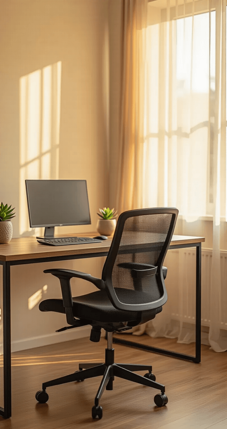 A professional home office featuring an ergonomic black mesh chair at a walnut wood desk, illuminated by golden hour light filtering through sheer curtains, showcasing a minimalistic surface with a leather desk pad and a single succulent in a ceramic pot, surrounded by warm wood tones against cream walls, captured from a 45-degree angle to emphasize depth and a serene atmosphere.