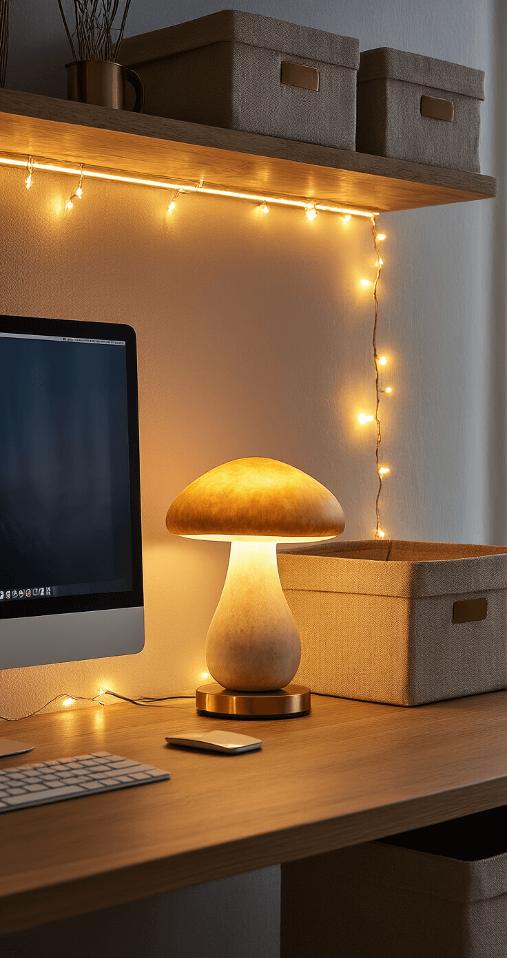 Cozy desk corner featuring a glowing mushroom table lamp on a wooden surface, with string lights behind the monitor, LED strip under a floating shelf, and warm 2700K lighting creating an intimate golden ambiance, accented by brass and copper elements alongside textured linen storage boxes.