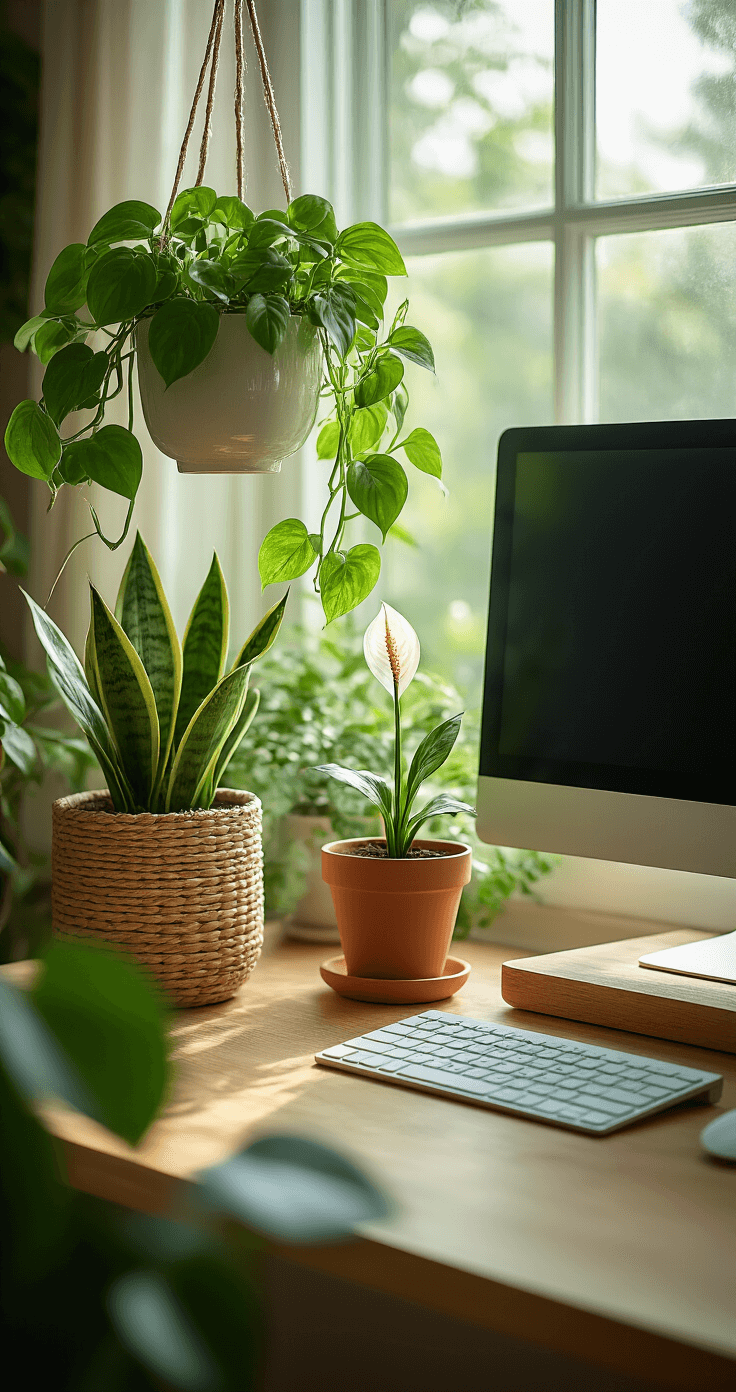 A cozy desktop workspace with trailing pothos in a hanging ceramic planter, a snake plant in a woven basket beside a monitor, and a small peace lily in a terracotta pot; natural wood desk organizers are visible, illuminated by morning light filtering through a window, showcasing earthy green tones and plant textures.