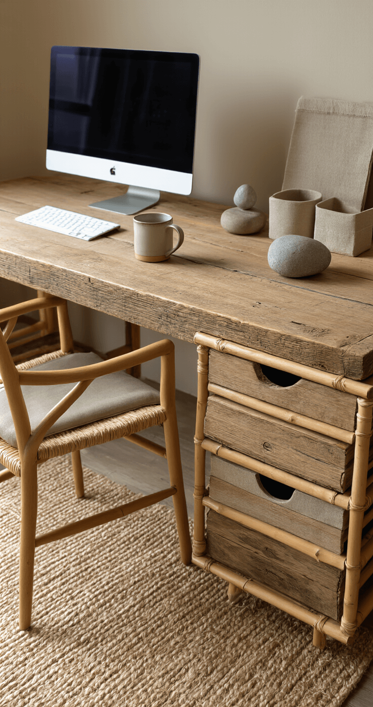 Close-up of a tactile workspace featuring a reclaimed wood desktop with a ceramic mug and stone paperweight, linen drawer organizers, a woven jute rug under a chair, and a bamboo monitor stand, all bathed in warm afternoon light that highlights the texture contrasts in a warm neutral palette.