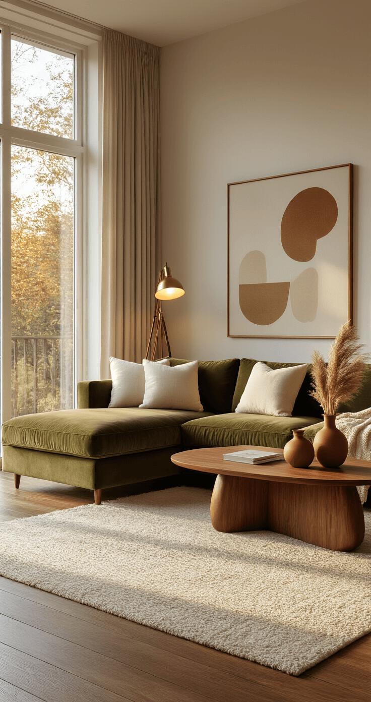 Photorealistic mid-century modern living room with warm golden hour light, featuring a deep velvet olive sectional sofa, walnut kidney-shaped coffee table, rich teak wood flooring, and brass tripod floor lamp, complemented by terracotta vases with dried pampas grass and abstract geometric art in muted earth tones.