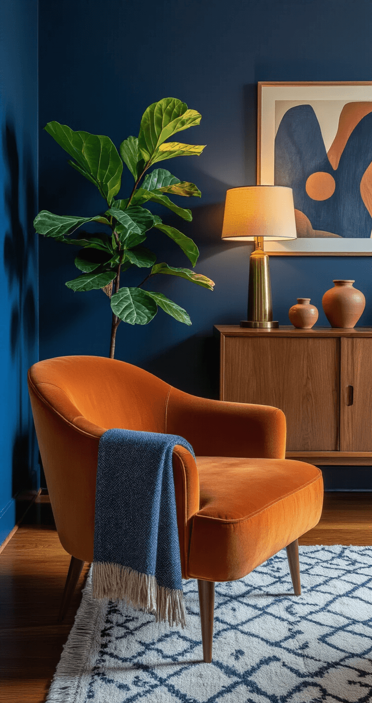 Intimate mid-century modern seating area featuring a curved burnt orange velvet accent chair, warm wood credenza with ceramic pottery, rich navy walls, and brass table lamp, all under evening blue hour lighting, with a fiddle leaf fig and textured linen curtains for a moody ambiance.