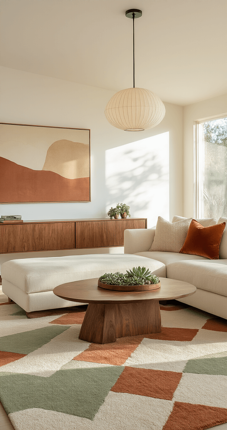 A bright and cozy mid-century living room bathed in morning light, featuring a low-profile cream sectional, an oversized sage and terracotta geometric area rug, a floating walnut entertainment unit, and a pendant light with a paper shade. The space includes layered throw pillows, a succulent collection on a kidney-shaped coffee table, and abstract artwork in warm earth tones, all captured from an elevated wide-angle perspective.