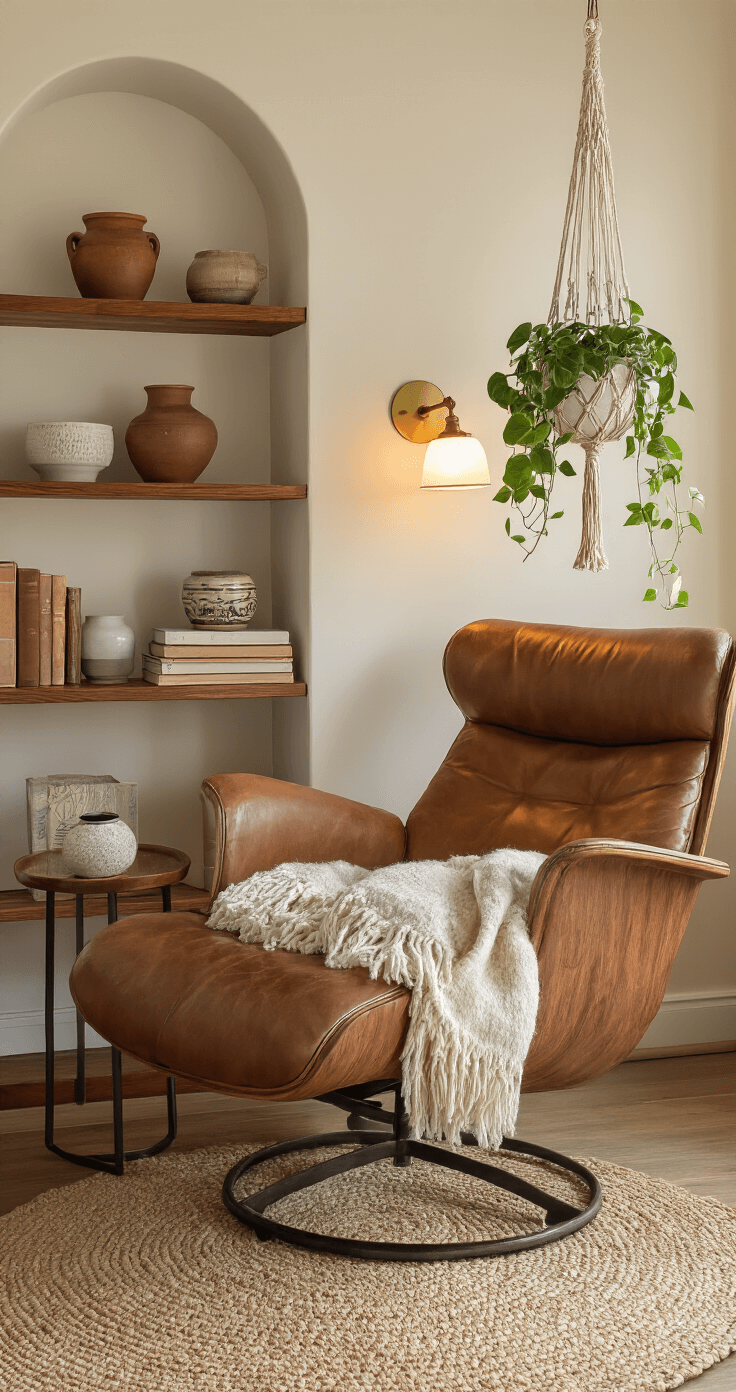 Close-up of a cozy mid-century reading corner featuring a curved brown leather lounge chair draped with a wool throw, a walnut bookshelf filled with vintage ceramics and books, and a macrame planter with trailing pothos. Warm brass sconce lighting casts a soft glow on textured cream walls, complemented by a small round side table with a ceramic lamp and a woven jute rug, evoking a warm and contemplative atmosphere.
