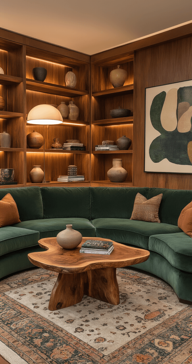 A cozy mid-century modern conversation area featuring a deep forest velvet semi-circular sectional, a live-edge walnut coffee table, and a layered Persian-style rug in muted jewel tones, illuminated by multiple table lamps at varying heights. The space includes ceramic vessels in earthy glazes and floor-to-ceiling built-in shelving in warm wood tones, adorned with an abstract art collection, creating an intimate gathering atmosphere in the evening lighting.
