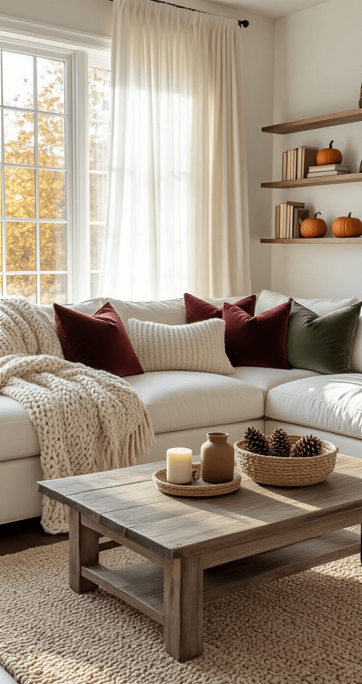Transform Your Home Into a Cozy Fall Haven (Without Breaking the Bank) Photorealistic living room with golden hour light, featuring a cream sectional sofa with knit throws, velvet pillows, a weathered wood coffee table styled with candles and pine cones, and floating shelves displaying books and small pumpkins, all set against white walls and dark hardwood floors.