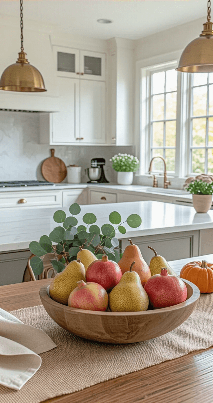 Transform Your Home Into a Cozy Fall Haven (Without Breaking the Bank) A spacious modern kitchen featuring white shaker cabinets and marble countertops, illuminated by afternoon natural light from large windows. An island holds a wooden bowl filled with fresh pears and pomegranates, alongside a group of pumpkins near the coffee station. A dining table adorned with a burlap table runner and a low eucalyptus centerpiece adds warmth, complemented by brass pendant lights and a potted mum on the windowsill. The camera captures the inviting atmosphere from the doorway, showcasing depth and seasonal decor.