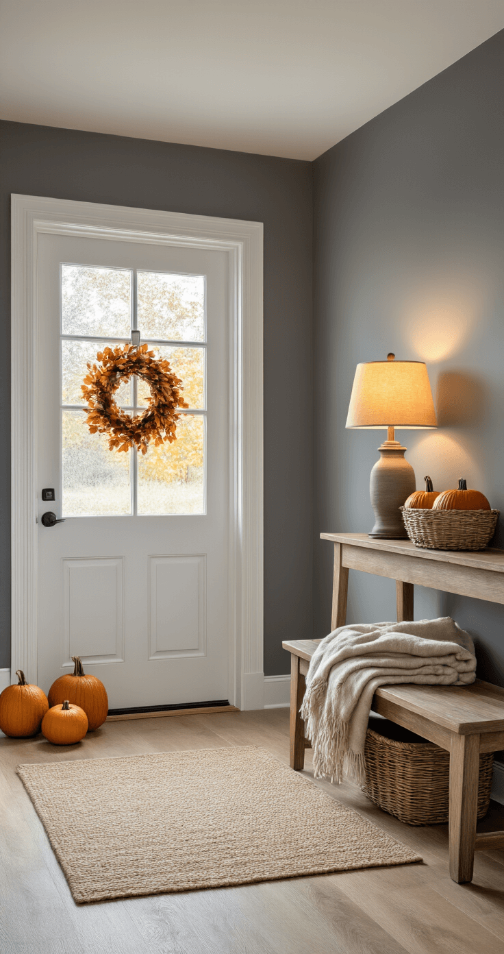 Transform Your Home Into a Cozy Fall Haven (Without Breaking the Bank) Welcoming entryway foyer with charcoal gray walls and natural oak flooring, featuring a white front door adorned with an autumn wreath. A vintage wooden bench holds a camel throw blanket, while three small pumpkins are grouped on the floor. A warm table lamp on a console creates an amber glow, and a woven basket holds daily essentials, captured in soft morning light.