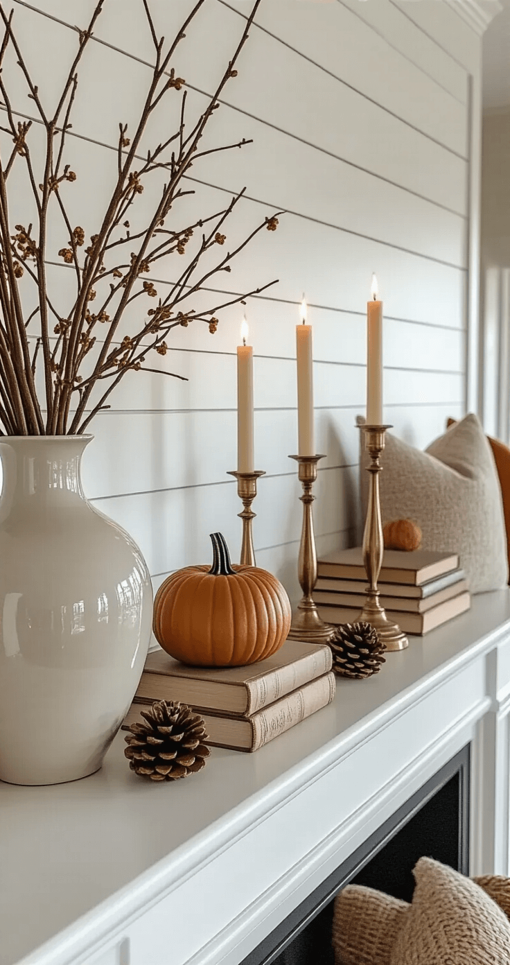 Transform Your Home Into a Cozy Fall Haven (Without Breaking the Bank) Close-up of an elegantly styled white fireplace mantel against a shiplap accent wall, featuring a large ceramic vase with dried branches, a stack of vintage books beneath a medium pumpkin, and brass candlesticks with cream tapers, all illuminated by soft evening candlelight. Natural pine cones are scattered, enhancing the sophisticated autumn decor in a warm living room setting with neutral furniture and cozy throw pillows.
