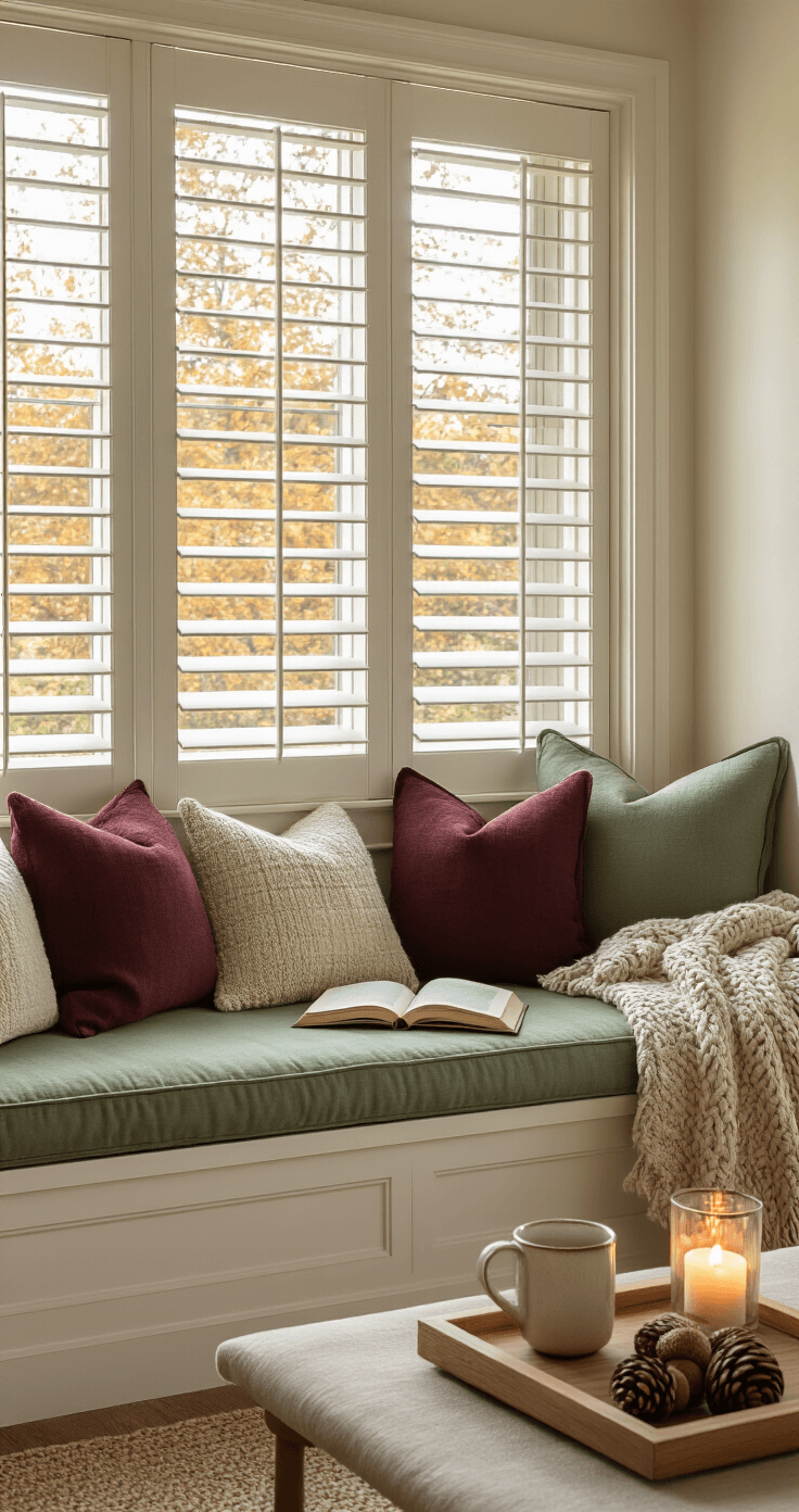 Transform Your Home Into a Cozy Fall Haven (Without Breaking the Bank) Cozy reading nook featuring a built-in window seat with sage green cushions, cream walls, and golden afternoon light through plantation shutters. Layered chunky knit and linen throw blankets, burgundy and taupe accent pillows, a side table with a ceramic mug and open book, and a wooden tray with battery candles. Natural elements like acorns in a glass bowl and a eucalyptus sprig add warmth to the intimate autumn retreat atmosphere.