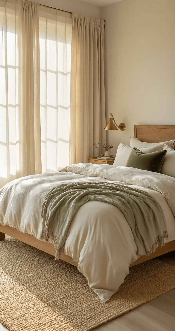 Luxurious master bedroom with a king bed featuring layered bedding, warm golden hour light, velvet and textured accents, natural wood headboard, and a cozy reading nook.