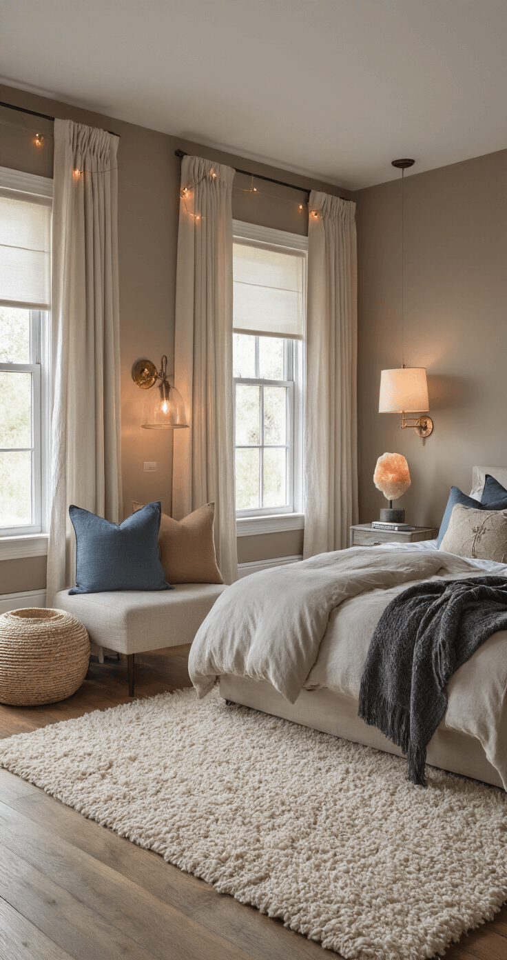 Moody bedroom with warm taupe walls, dusty blue pillows, and charcoal gray throws, featuring three-point ambient lighting, vintage brass fixtures, linen curtains, and a plush cream rug, captured in evening cinematography.
