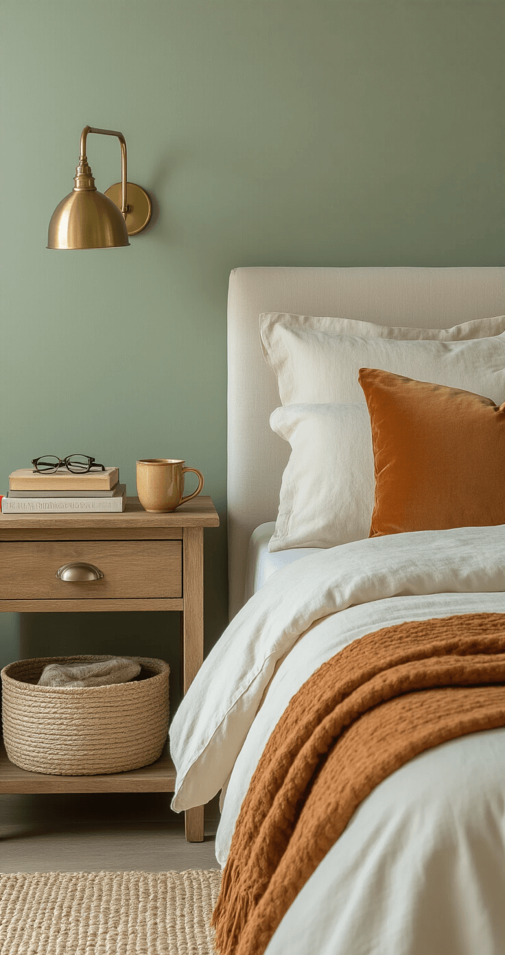 Cozy bedroom vignette featuring smooth cotton sheets, soft velvet cushions, and rough jute baskets, with a natural wood nightstand holding stacked books, reading glasses, and a ceramic coffee mug, under sage green walls and warm lighting for an inviting atmosphere.