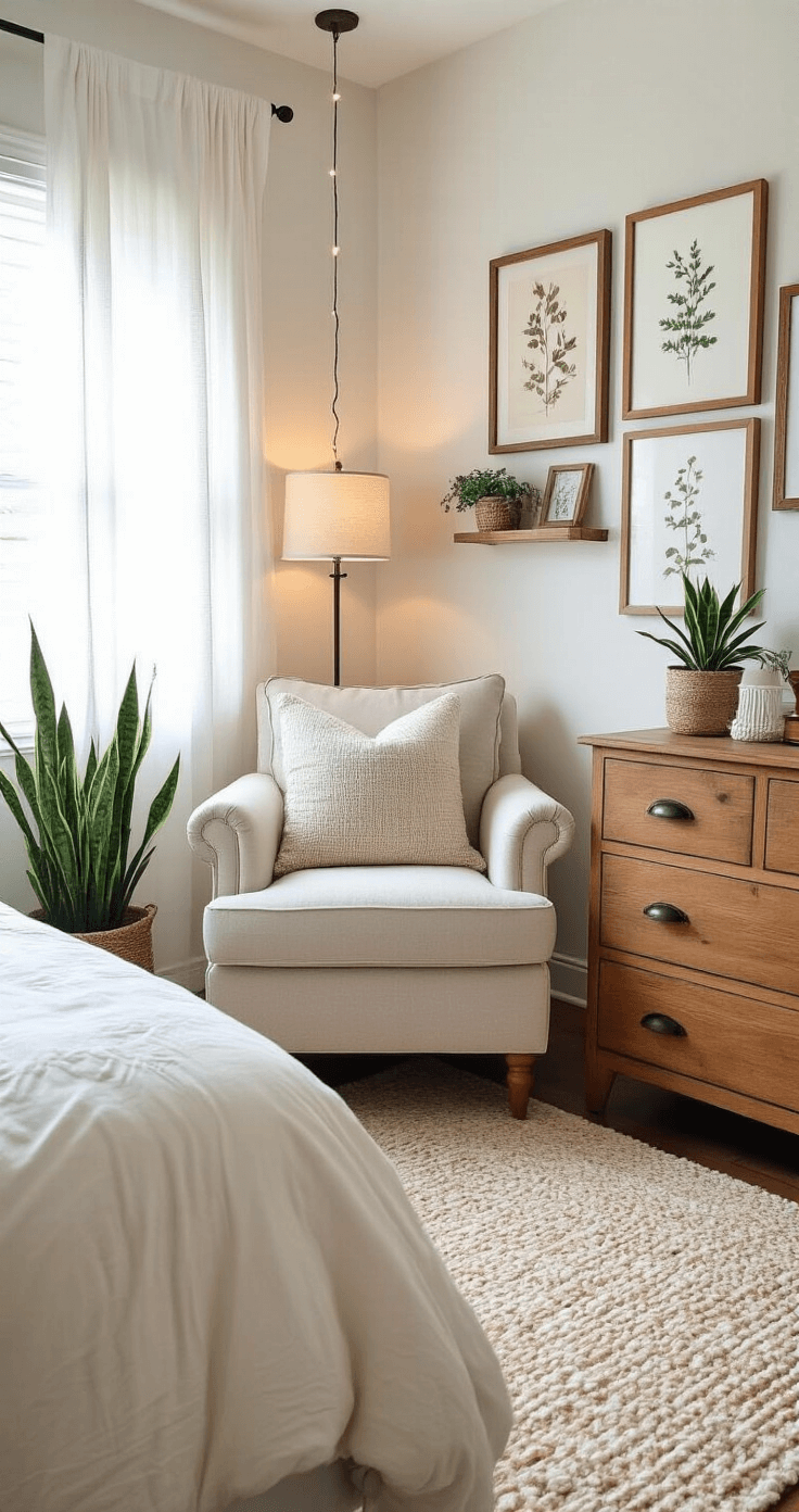 Cozy bedroom corner with a plush armchair, floor lamp, and floating shelves showcasing botanical prints. A snake plant beside a vintage dresser adds greenery, while natural light streams through sheer curtains, enhancing the peaceful atmosphere.
