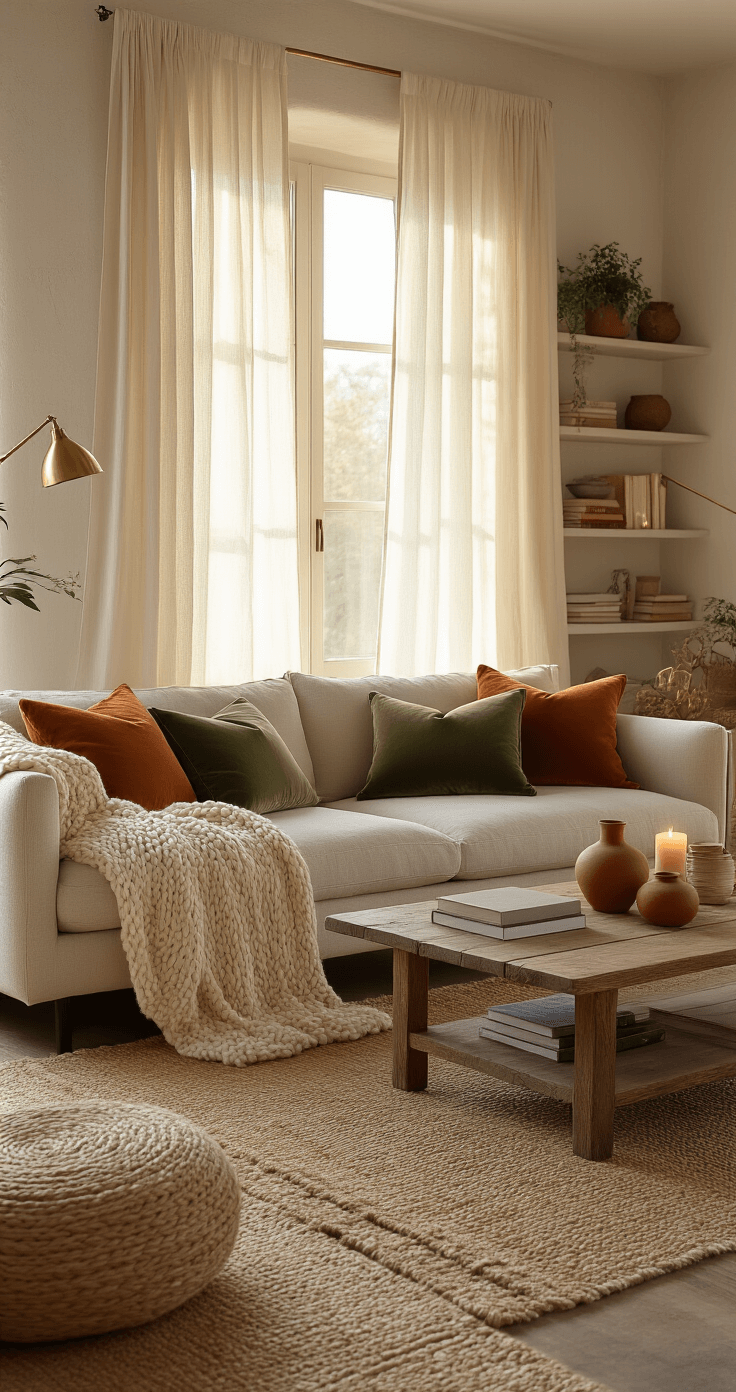 Photorealistic living room illuminated by warm golden hour light, featuring a mid-century sofa with a cream knit throw and velvet pillows, layered rugs, a weathered oak coffee table with ceramic vases, and warm light sources, all set against textured plaster walls and built-in shelving filled with books and plants.