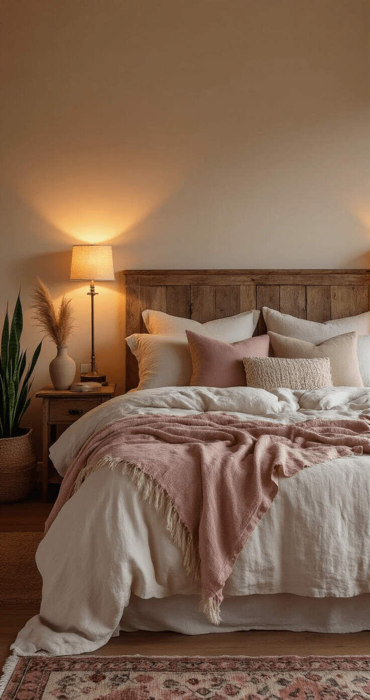 An intimate bedroom sanctuary at dusk with soft amber lighting, featuring unmade linen bedding in cream and dusty rose, a reclaimed wood headboard, vintage brass fixtures, and a snake plant. The hardwood floors are adorned with a vintage kilim rug, creating a warm and inviting atmosphere.