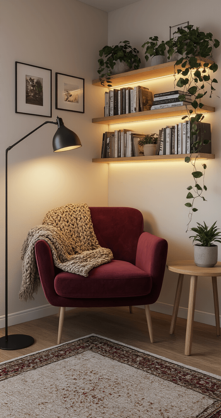 A cozy apartment corner at twilight featuring floating shelves with books and plants, a burgundy velvet accent chair with a cable knit throw, a round wooden side table, and layered lighting from a floor lamp and string lights, all against neutral walls and a small Persian rug.