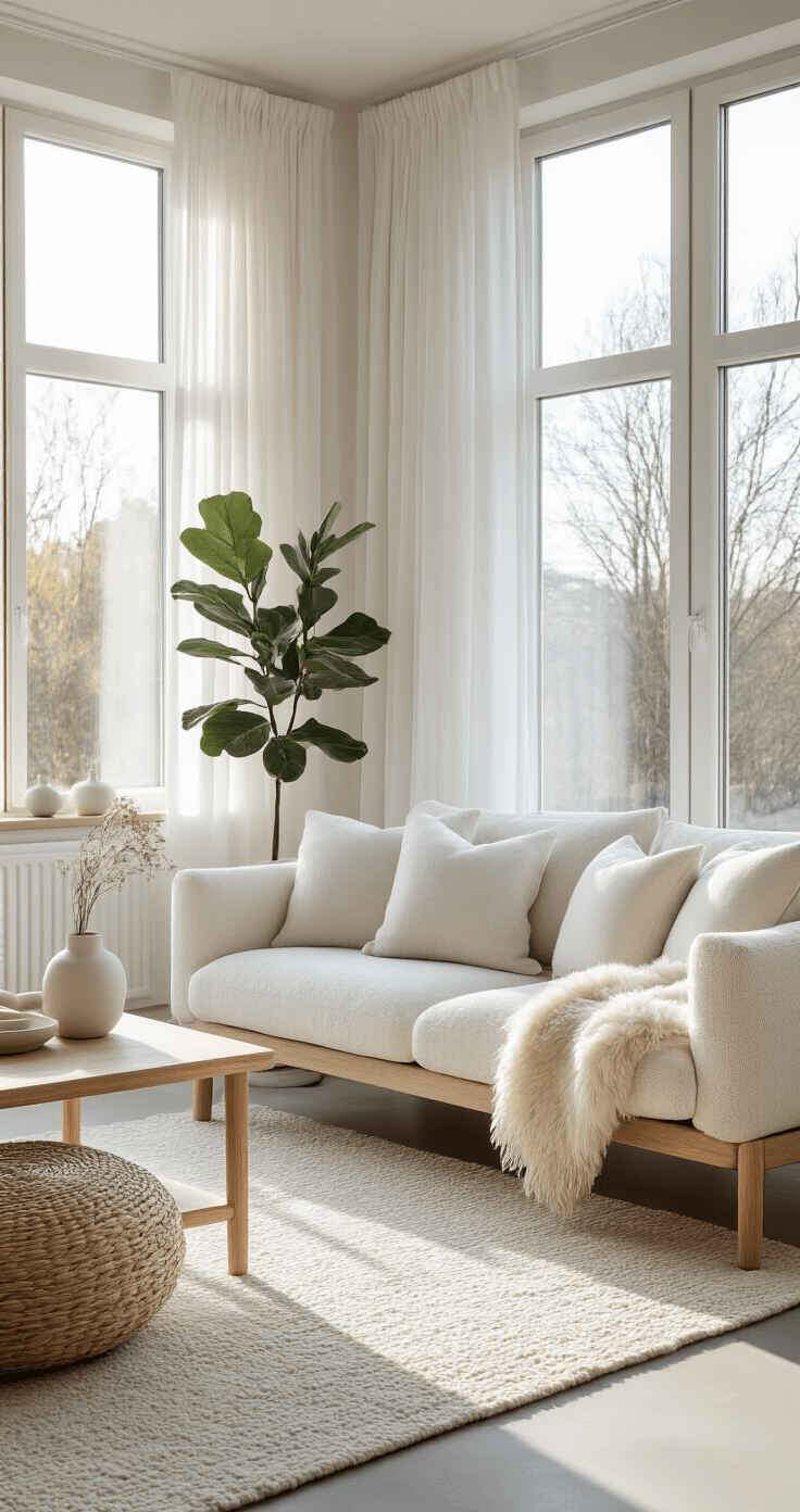Scandinavian-inspired living room bathed in soft morning light, featuring floor-to-ceiling windows, light oak furniture, a white boucle sofa with linen pillows, and a large cream area rug, accented by a single fiddle leaf fig in a woven basket, showcasing clean architectural lines and an uncluttered atmosphere.