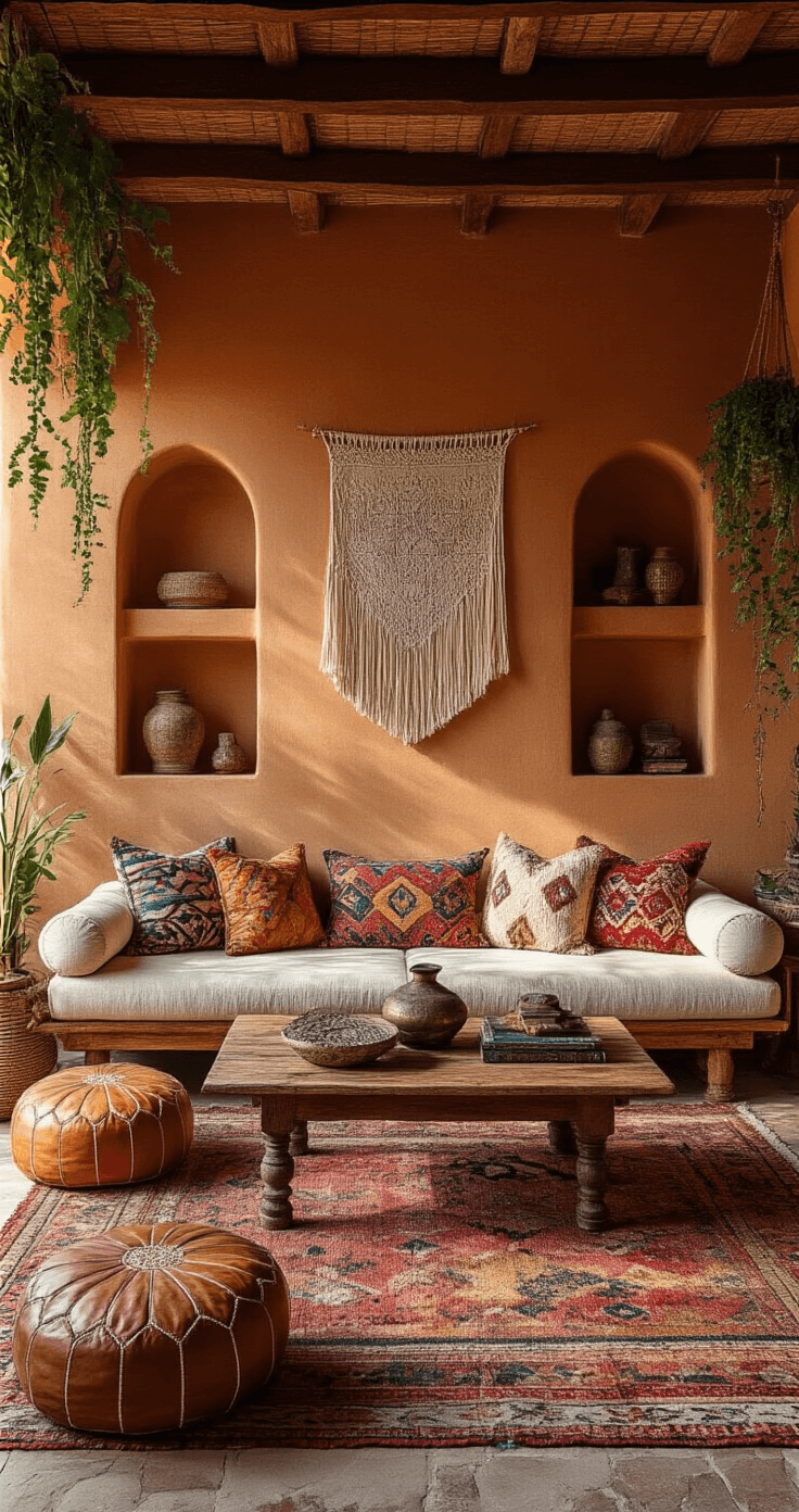 A bohemian living room filled with warm afternoon light, featuring a low-profile sofa adorned with mixed pattern pillows, layered jewel-toned rugs, Moroccan poufs, and a carved wood coffee table, surrounded by macrame wall hangings and trailing plants, against terracotta walls that showcase global artifacts.