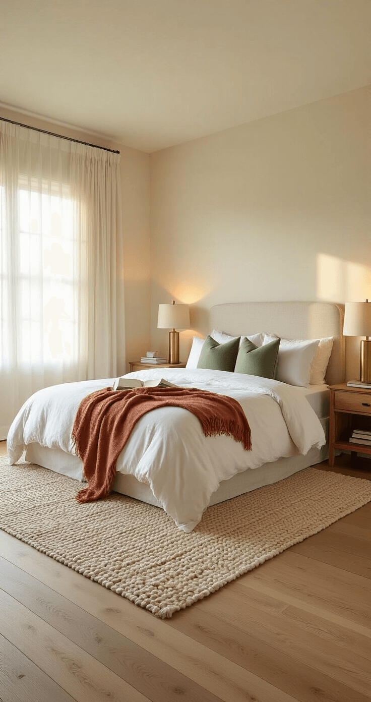 Photorealistic wide-angle shot of a serene master bedroom at golden hour, featuring soft cream walls, hardwood floors with a chunky knit area rug, a king bed with layered white linens and sage green throw pillows, and a casually folded terracotta blanket. Warm brass table lamps illuminate oak nightstands, while sheer ivory curtains filter sunlight, creating an inviting atmosphere with a lived-in touch of an open book on the nightstand.