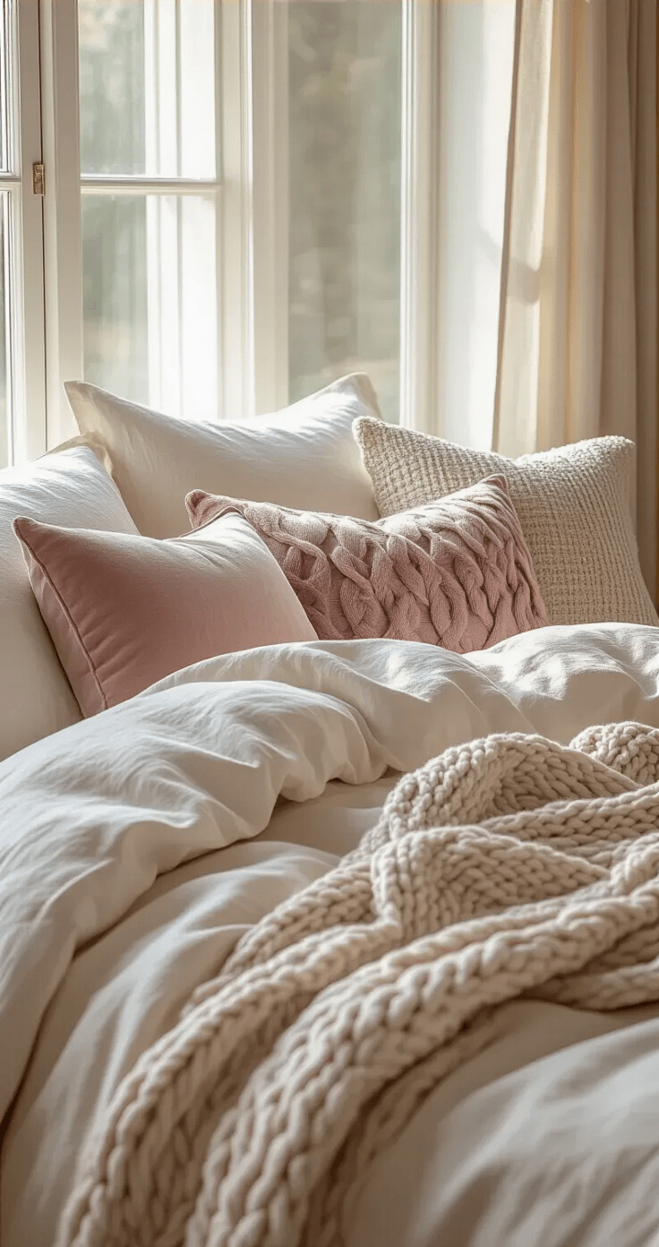 Intimate close-up of luxuriously layered bedding featuring cream linen sheets, a dusty rose duvet, and a warm grey cable-knit throw, with four carefully arranged pillows in different textures, showcasing a cozy and inviting atmosphere in soft morning light.
