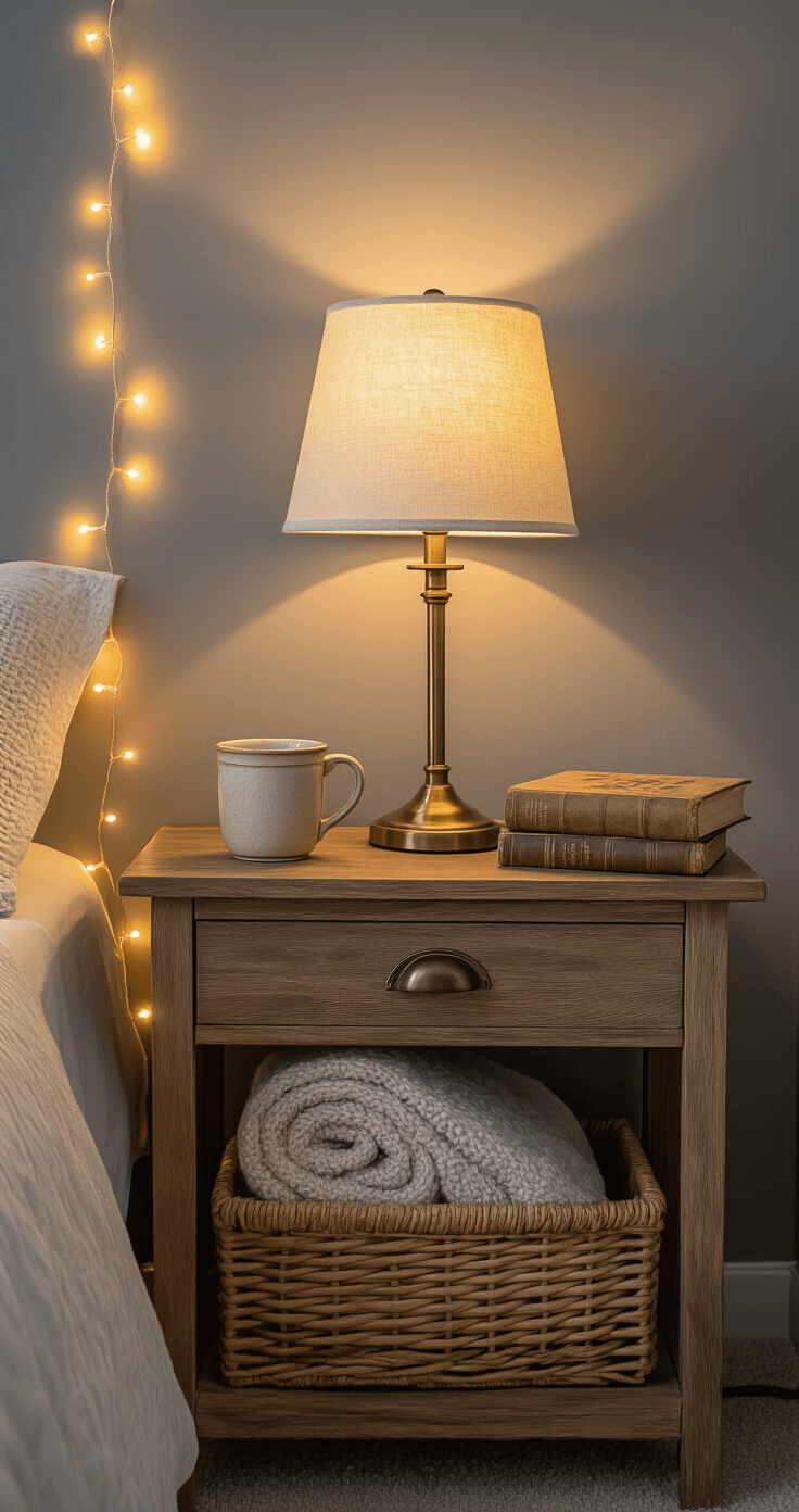 Cozy bedroom corner with a compact nightstand featuring a brass lamp, ceramic mug, and vintage books, illuminated by warm lamplight and surrounded by string lights against a dove grey wall, with a woven basket of throw blankets below.