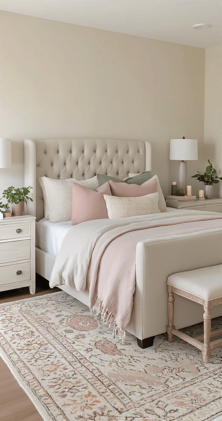 A cozy bedroom with blush beige walls and white oak furniture featuring a queen bed with a tufted linen headboard, layered bedding in sage green and dusty rose tones, and a textured area rug. Plants and multiple light sources enhance the ambiance in soft late afternoon lighting.