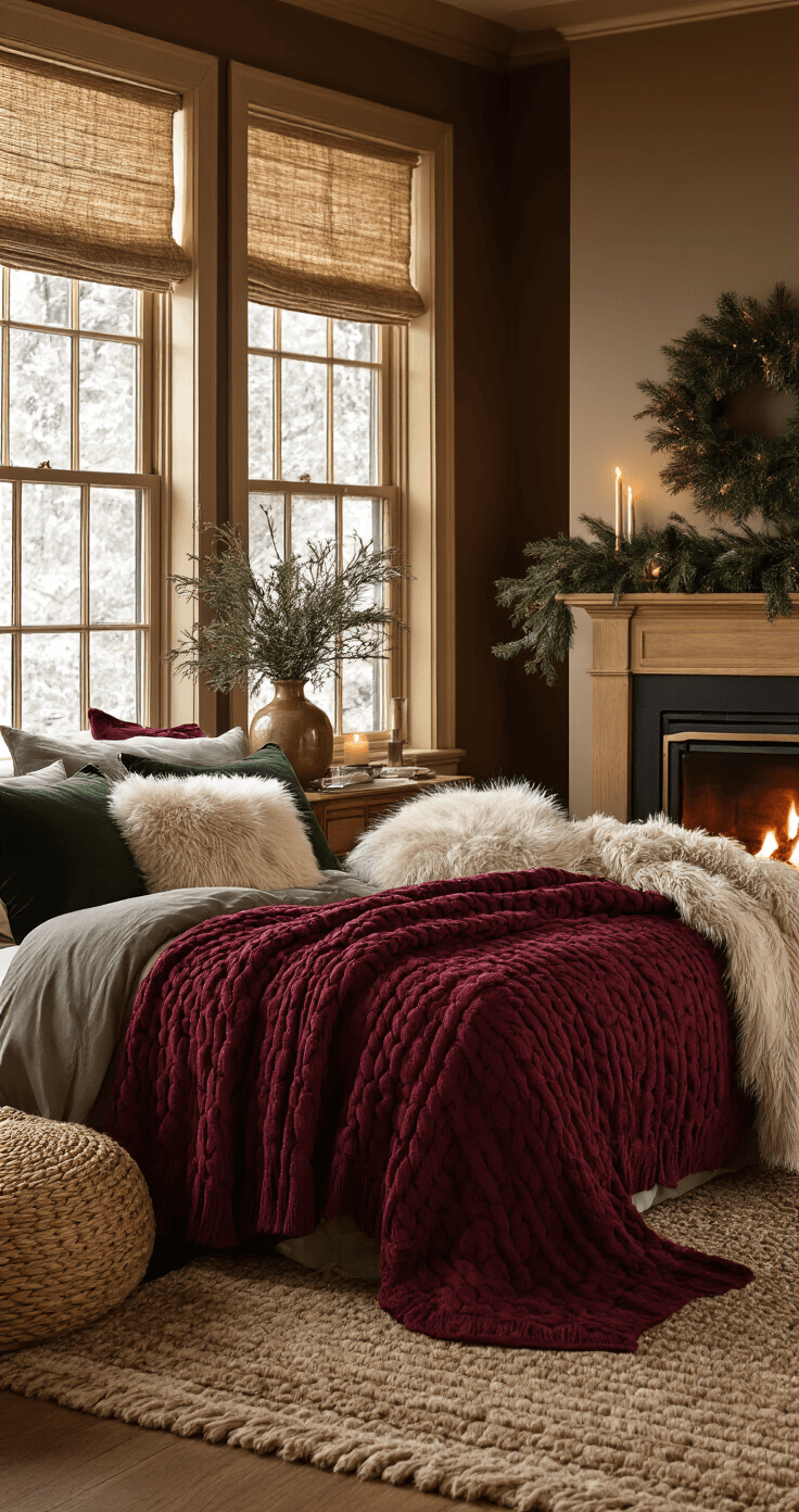 A cozy winter bedroom featuring deep burgundy and forest green accents, warm golden lighting, heavy cable-knit throws, faux fur pillows, and a wool area rug, with wooden furniture and brass hardware. Evergreen branches in a ceramic vase add a seasonal touch, while a fireplace or space heater creates a warm glow, enhancing the inviting ambiance.