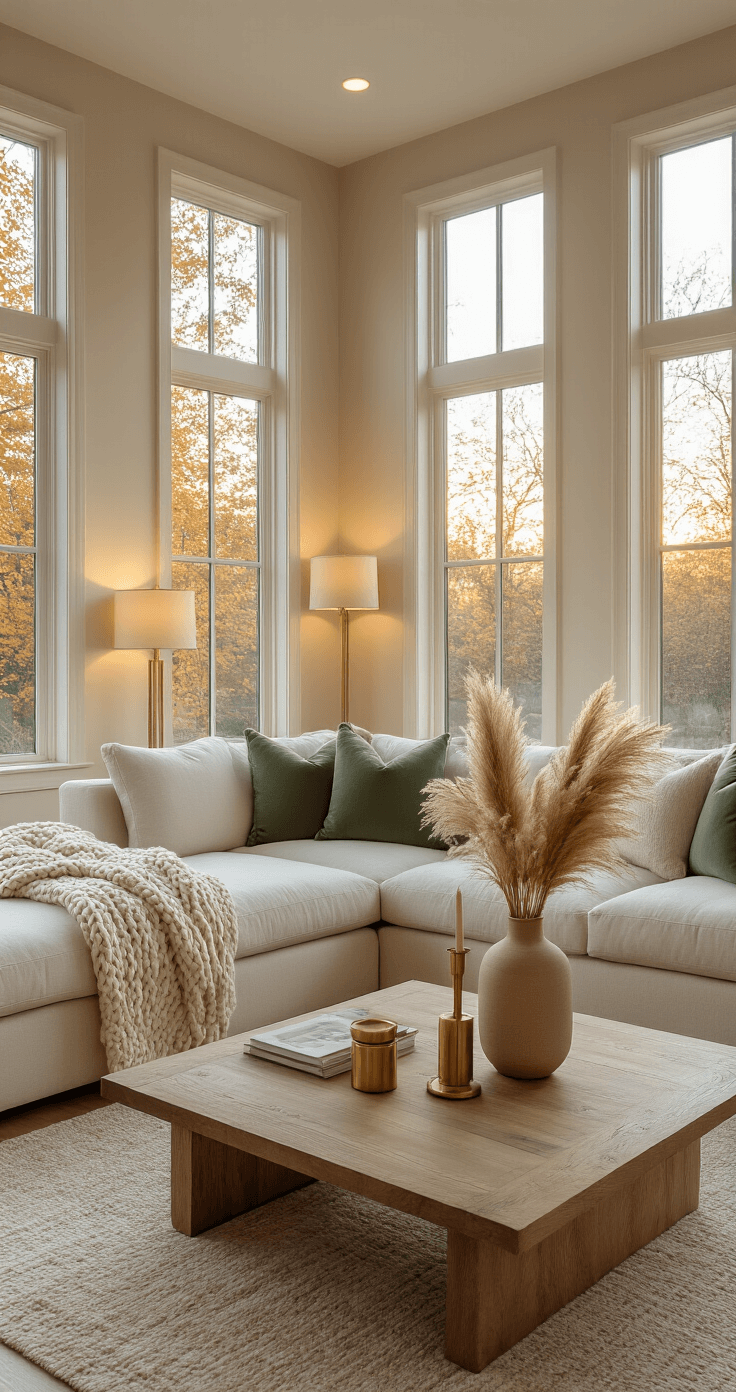 Creating Cozy Fall Vibes: How I Transform My Home Into an Autumn Haven Without Breaking the Bank A modern living room bathed in golden hour light, featuring a cream sectional sofa adorned with oatmeal knit throws and sage green pillows, a warm wood coffee table with brass candlesticks and pampas grass, soft taupe walls, hardwood floors, and multiple table lamps creating an inviting autumn atmosphere.