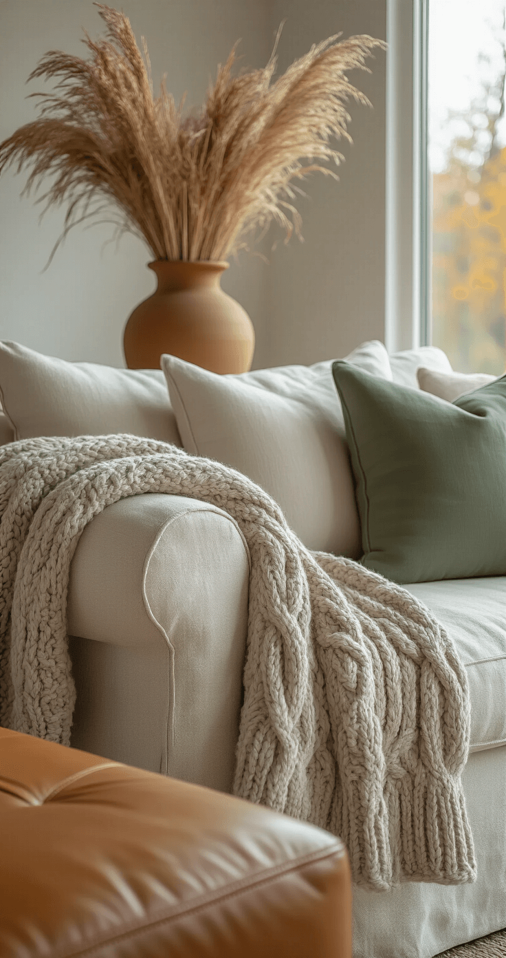 Creating Cozy Fall Vibes: How I Transform My Home Into an Autumn Haven Without Breaking the Bank Close-up interior scene featuring a cream linen sofa with a chunky cable-knit throw in mushroom gray, surrounded by ceramic and wood surfaces, a tall terracotta vase with dried grasses, a warm caramel leather ottoman, and a sage green accent pillow, all bathed in soft afternoon light with a shallow depth of field highlighting textile details.