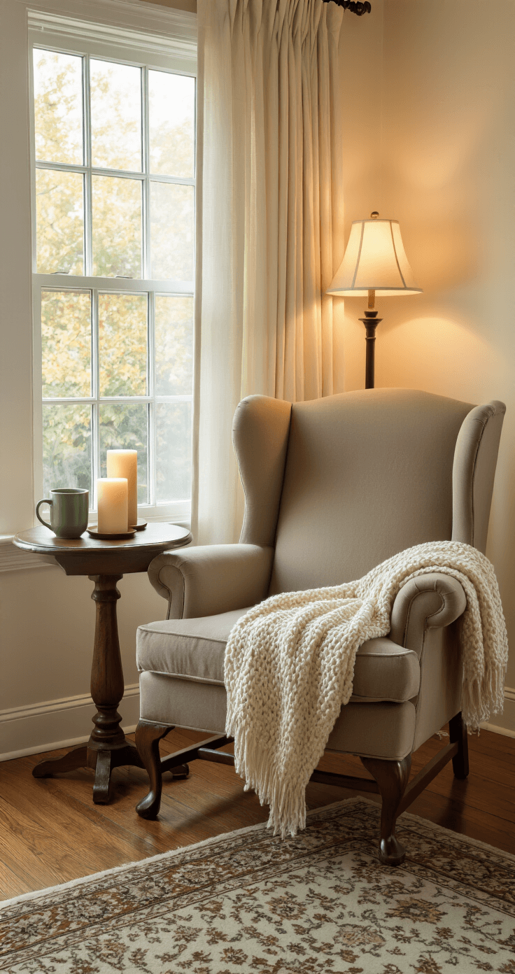 Creating Cozy Fall Vibes: How I Transform My Home Into an Autumn Haven Without Breaking the Bank Intimate reading nook featuring a warm taupe wingback chair by a window, a chunky cream throw draped over the arm, and a walnut side table with varying heights of pillar candles. A steaming sage green mug rests on the table, with hardwood floors beneath a muted earth-toned Persian rug, and sheer curtains filtering soft evening lamplight for a cozy ambiance.