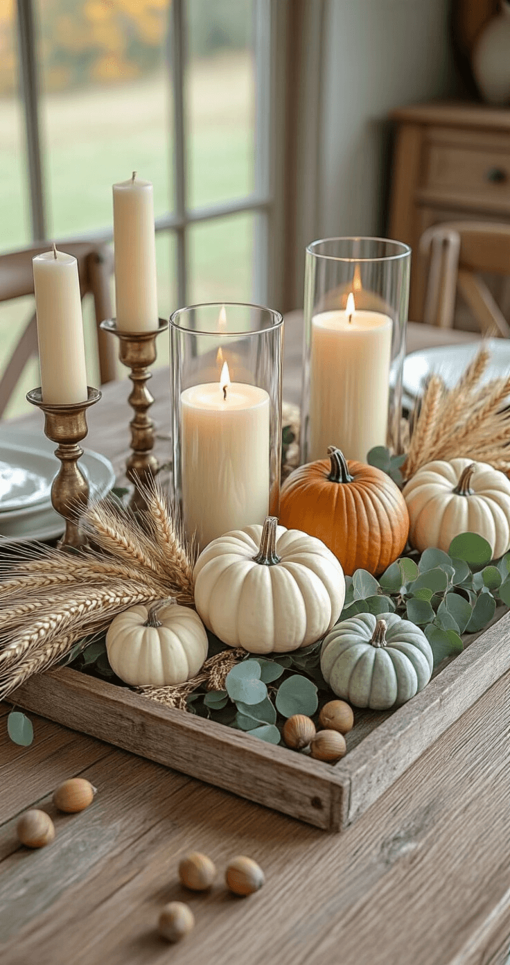 Creating Cozy Fall Vibes: How I Transform My Home Into an Autumn Haven Without Breaking the Bank An overhead view of an autumn centerpiece featuring mini pumpkins in cream and sage colors, tall glass hurricane candles, dried wheat stalks, eucalyptus branches, vintage brass candlesticks, and scattered acorns on a weathered wood tray, all arranged on a reclaimed wood dining table, illuminated by warm afternoon light.