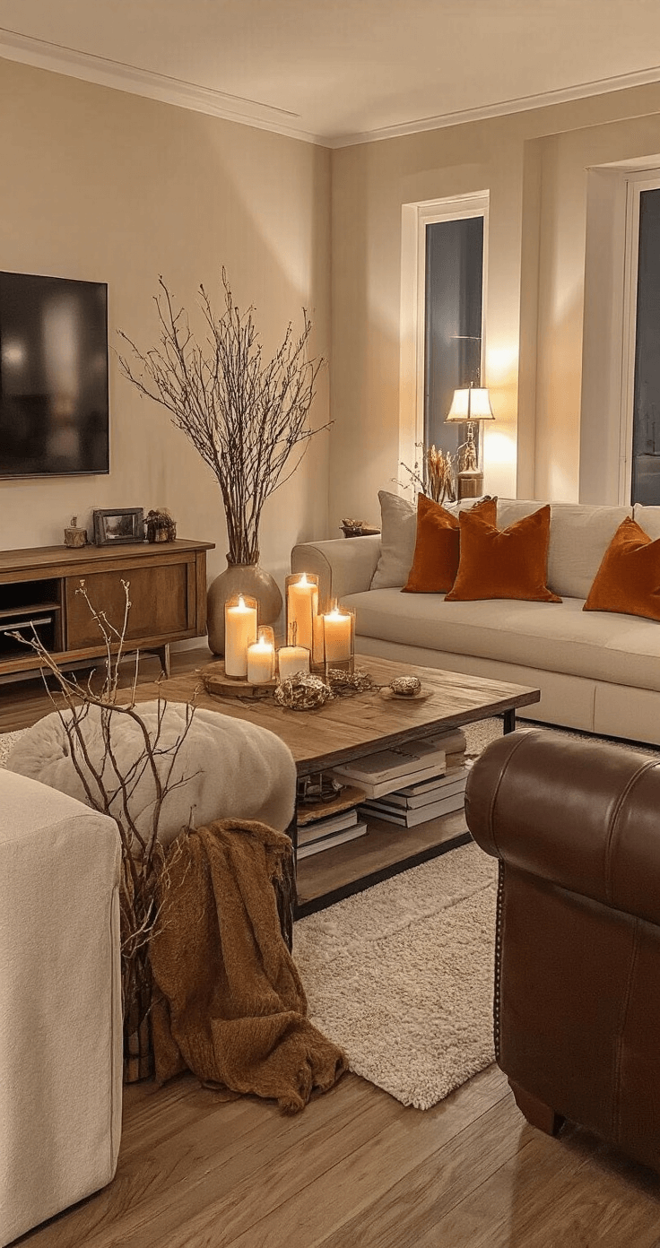 Creating Cozy Fall Vibes: How I Transform My Home Into an Autumn Haven Without Breaking the Bank A cozy living space in early evening with warm lighting, featuring cream walls, a taupe sectional, and accents of burnt orange and deep gold in the throw pillows, complemented by a warm wood media console, layered candlelight, a floor vase with dried branches, and a rich chocolate brown leather chair, all captured from a conversational height.
