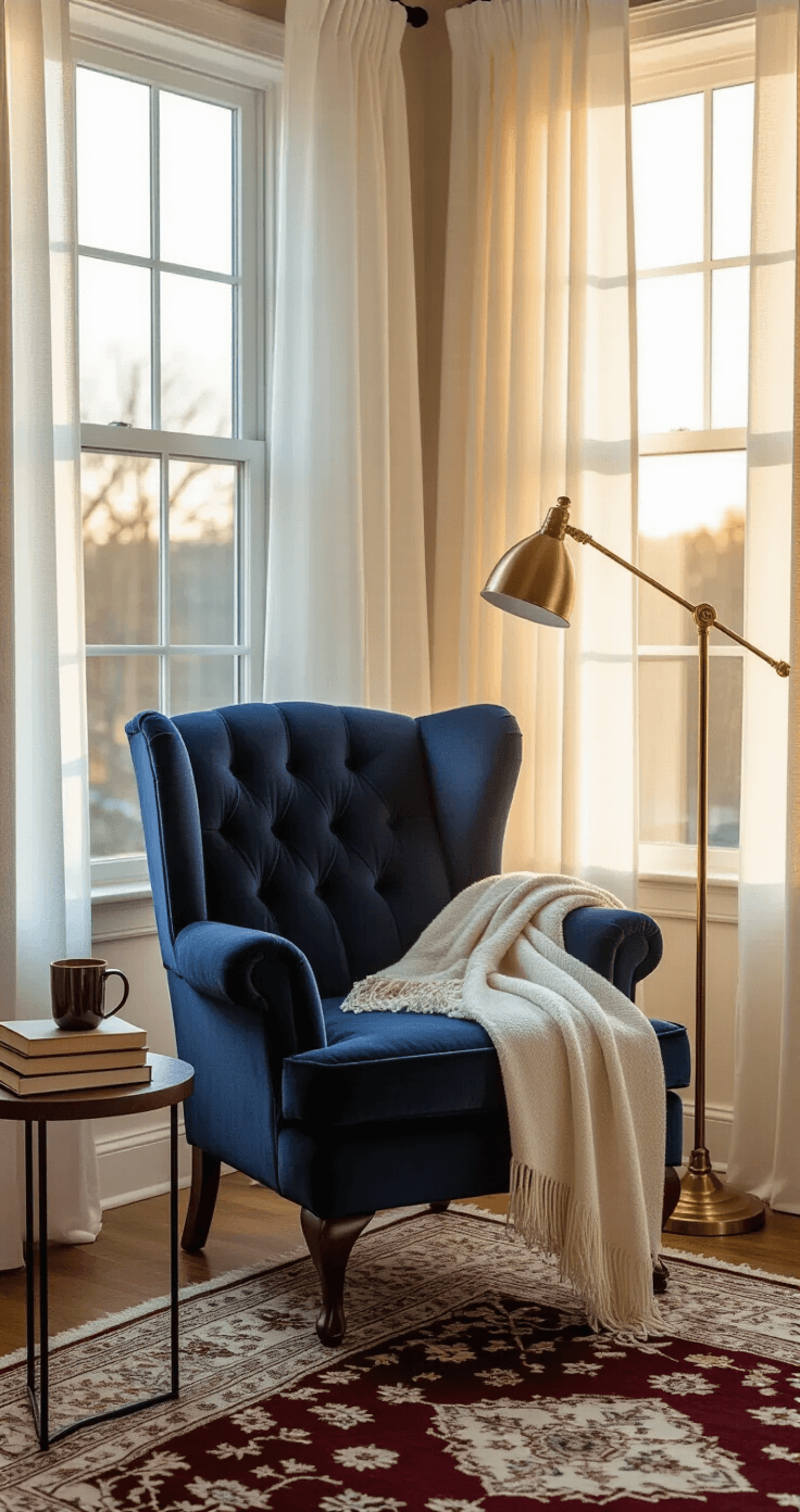 Why Your Home is Crying Out for a Cozy Reading Corner Cozy reading corner in a bedroom, featuring a vintage navy velvet wingback chair, cream throw blanket, adjustable brass lamp, and a stack of books on a side table, bathed in warm golden hour light filtering through sheer curtains.