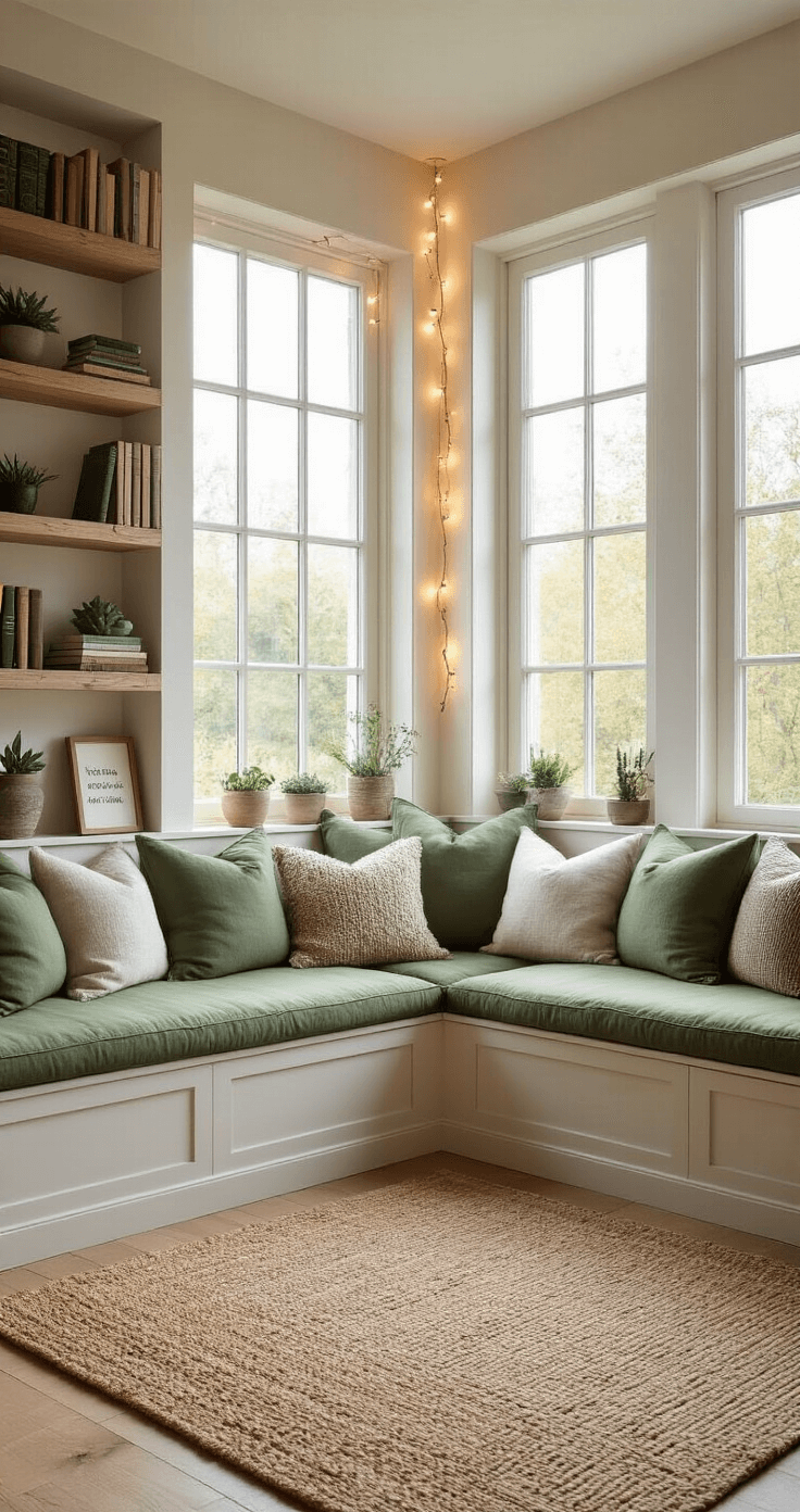 Why Your Home is Crying Out for a Cozy Reading Corner Spacious living room corner featuring a built-in window seat with sage green cushions and textured throw pillows, tall windows allowing natural morning light, floating shelves with books and succulents, a woven jute rug, and string lights for warm accent lighting, all in a bright Scandinavian-inspired minimalist design.