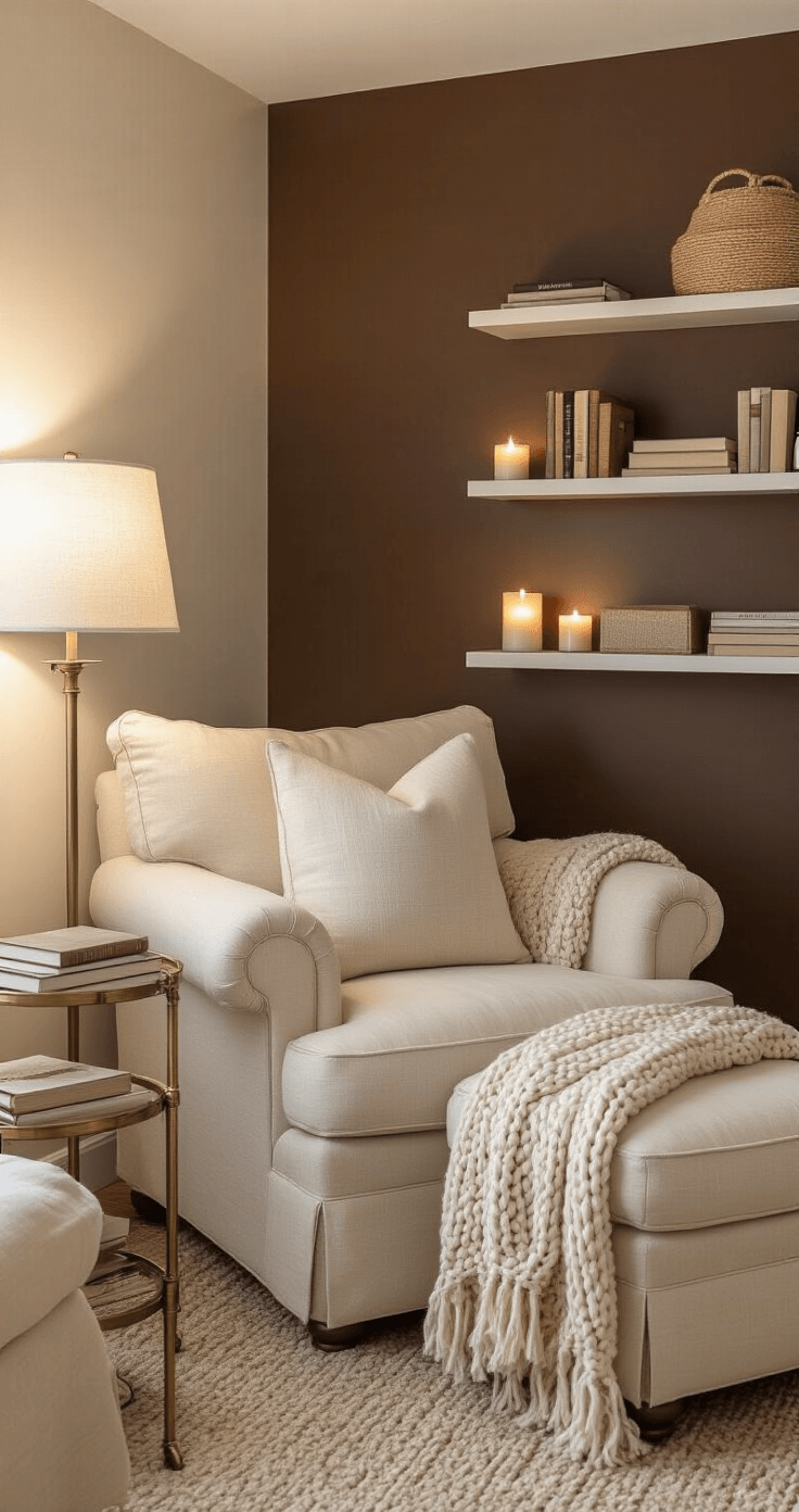 Why Your Home is Crying Out for a Cozy Reading Corner Cozy reading nook featuring an oversized cream linen armchair and matching ottoman, adorned with a chunky knit oatmeal throw, set against a rich chocolate brown accent wall. Atmospheric layered lighting includes a table lamp with a white shade, warm battery-operated candles on floating shelves, and a soft overhead pendant. A rolling brass book cart beside the chair holds current reads, all captured in intimate evening ambiance.