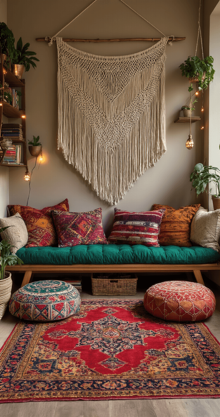 Why Your Home is Crying Out for a Cozy Reading Corner A cozy bohemian reading corner featuring large Moroccan floor cushions in jewel tones, a macrame wall hanging above a low wooden bench with colorful throw pillows, a brass ladder shelf filled with books and plants, and a Persian kilim rug, all illuminated by warm lighting from small table lamps and fairy lights.