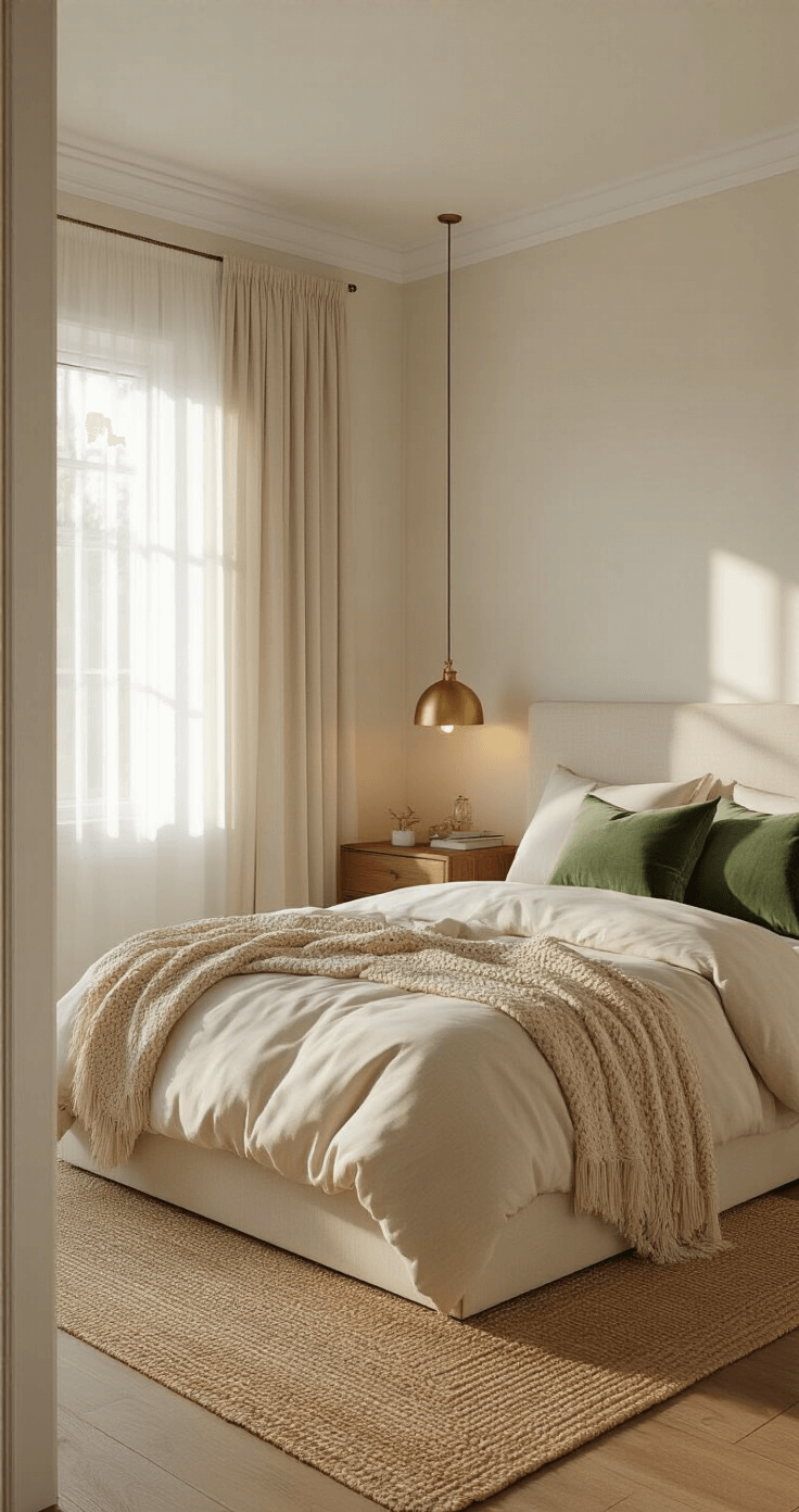 Photorealistic small bedroom interior showcasing a queen storage bed with cream linen bedding and a chunky knit throw, illuminated by golden hour sunlight streaming through sheer curtains. The room features white walls, crown molding, and floating walnut nightstands with brass table lamps. Textures include a jute area rug, sage green velvet pillows, and a faux fur accent. Shot from the doorway at eye level, the scene exudes a warm, inviting atmosphere with soft shadows and a color palette of cream, warm beige, sage green, and natural wood tones.