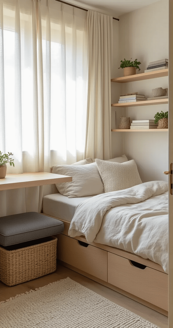 An intimate small bedroom corner featuring a platform bed with built-in drawers and rumpled linen sheets, a charcoal storage ottoman, a wall-mounted fold-down desk, and woven basket storage, all bathed in soft morning light filtering through gauze curtains.