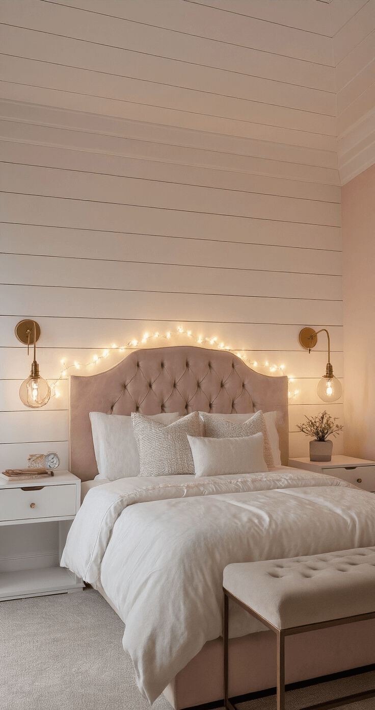 Luxurious small bedroom with a dusty blush shiplap accent wall, featuring a queen bed with a tufted velvet headboard, crisp white bedding, and textured throw pillows. Soft evening lighting from bedside sconces and string lights creates a warm ambiance, with a floor lamp in the corner illuminating the space. Decorated in blush pink, cream, gold brass fixtures, and deep charcoal accents, the room has a romantic, hotel-like atmosphere.